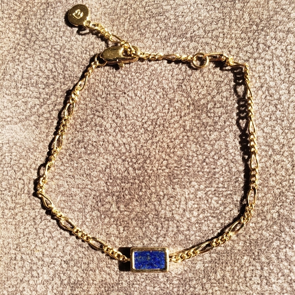 RARE Dainty Gold & Rectangle Blue Lapis Lazuli Chain Bracelet - Picture 2 of 14